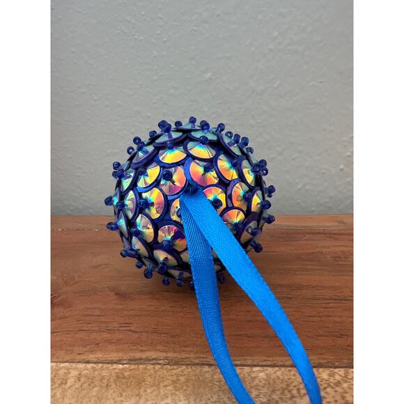 Vintage Push Pin Beaded Blue Jeweled Sequin Christmas Ornament Handmade - Picture 5 of 5